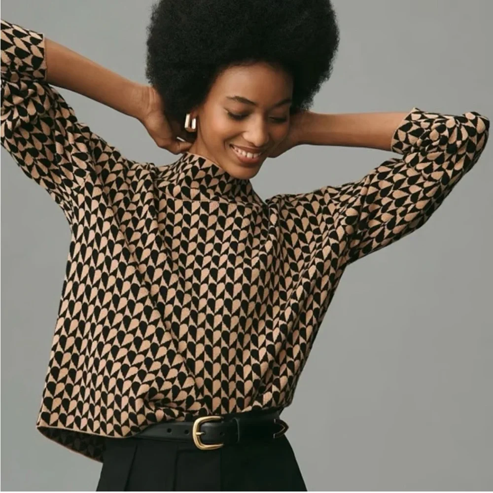 Anthropologie Maeve Geometric Mock Neck Sweater - Black and Tan - Picture 1 of 4